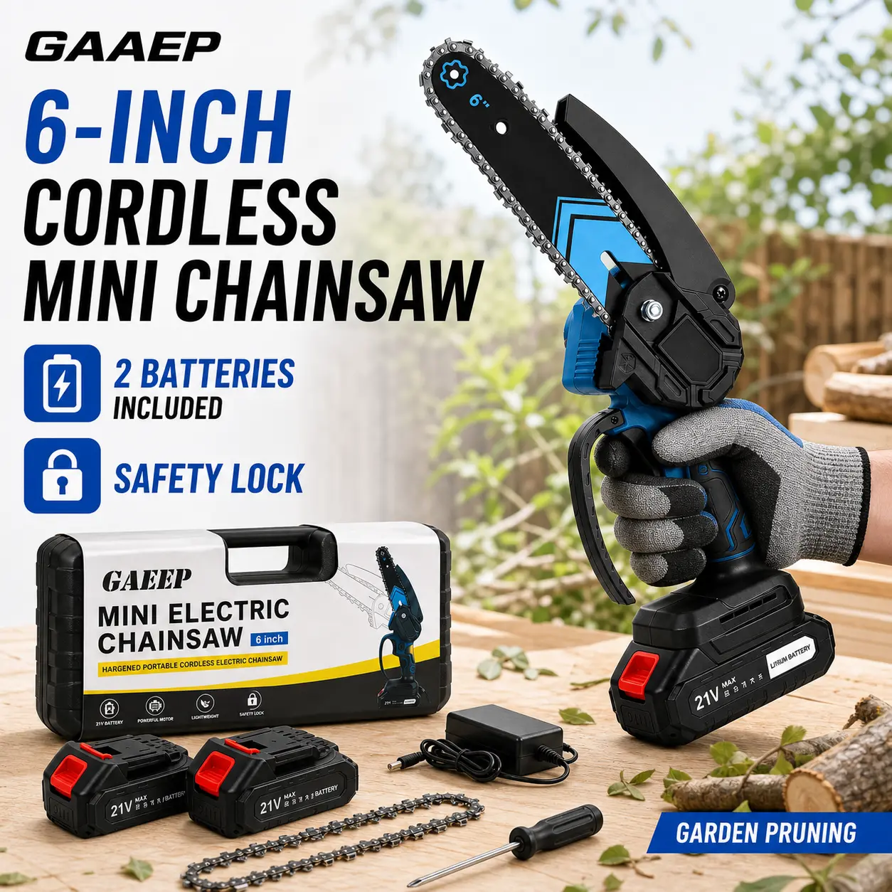 6-Inch Cordless Mini Chainsaw - Powerful One-Handed Electric Saw with 2 Batteries for Tree Trimming
