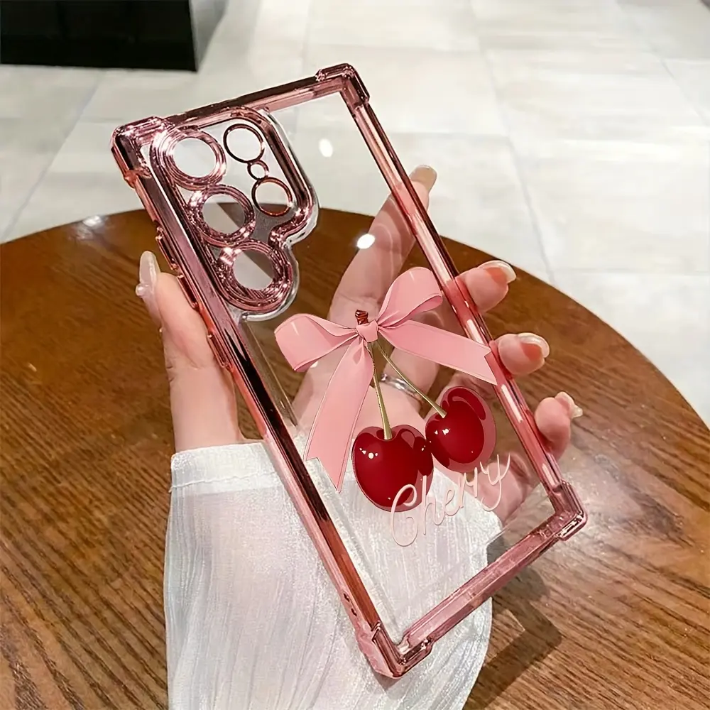 Smartphone Casing for Samsung Galaxy S22+ FE Edge, S23 Ultra, S24 Plus, S25, S26 - Pink Cherry Pattern, Transparent Lens Protection, Durable Soft Silicone Cover for Handheld Cellphone Devices, Ideal Gift