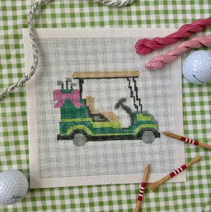 Golf Cart w/ Bow and Clubs| Hand Painted Needlepoint Canvas | Masters / Spring w/ Azaleas