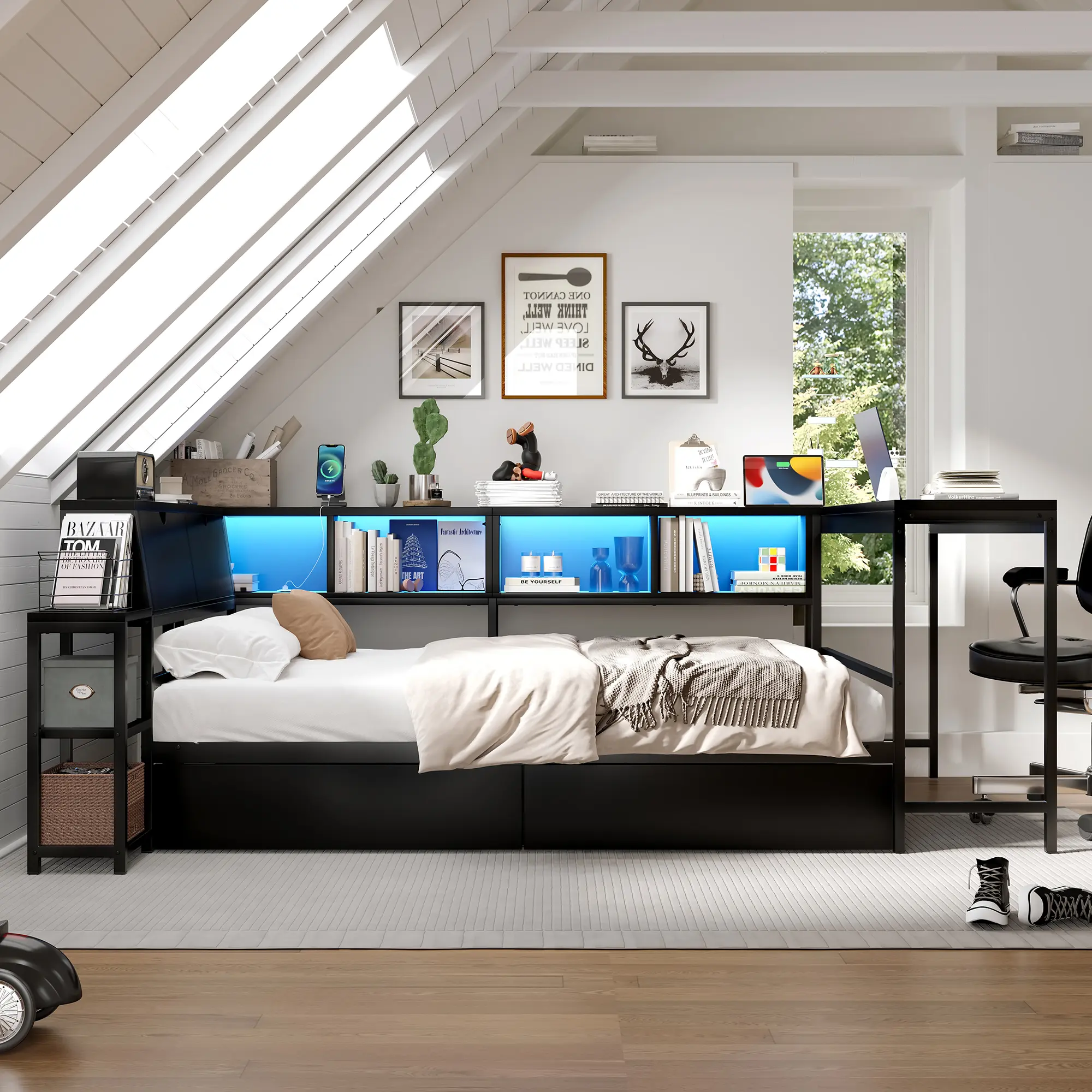 Modern Glam Corner Metal Bed Frame - Bed Unit, Modern Indoor Furniture, Furniture Bedroom, Apartment Use, Corner Shape, Built-in Shelves, 2 Underbed Storage Drawers, LED Light + USB Ports, Full/Twin Size, Requires Setup