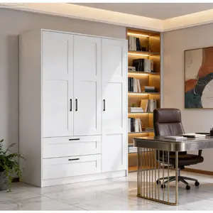 3 Doors Wooden Wardrobe Closet with 2 Drawers,  Morden Wardrobe Armoire with Doors and Shelves, Standing Closet Cabinet for Hanging Clothes, Large Capacity Storage Cabinet for Bedroom