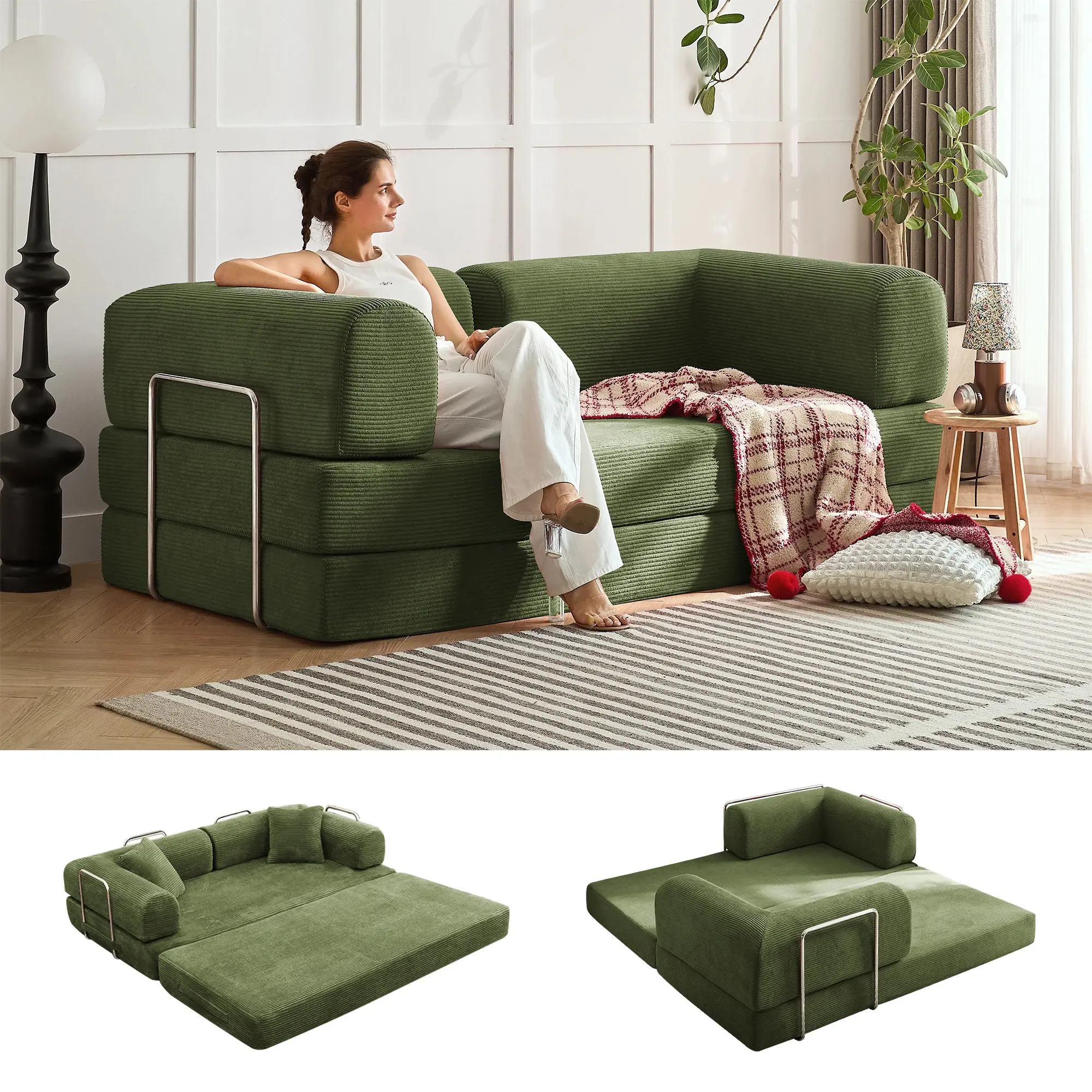Modular Convertible Sofabed - Boneless Sectional Cloud Sofa with Sponge, Compressed Vacuum-Packed Oversized Plush Chaise Lounge, Velvet/Chenille/Corduroy Cooling Indoor Living Room Furniture, Space-Saving Loveseat for Small Spaces