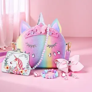 L-F08 Ultimate Princess Dress-Up Set: 7PCS Toddler Purse with Pretend Play Toys & Jewelry, Magical Rainbow Unicorn Crown for Girls - Spark Your Child's Imagination