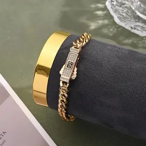 Cuban Stainless Steel Bracelet with Gold Chain & Rhinestone Detail for Men & Women