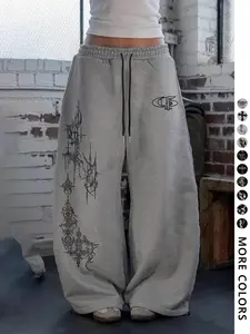 Women's Dark Gothic Graphic Sweatpants Y2K Cyber Sigilism Print Wide Leg Baggy Streetwear Street Style Casual Grey Trousers American Retro Unique Cross Tribal Print Oversized Pants Adjustable Drawstring Waist, Fitted