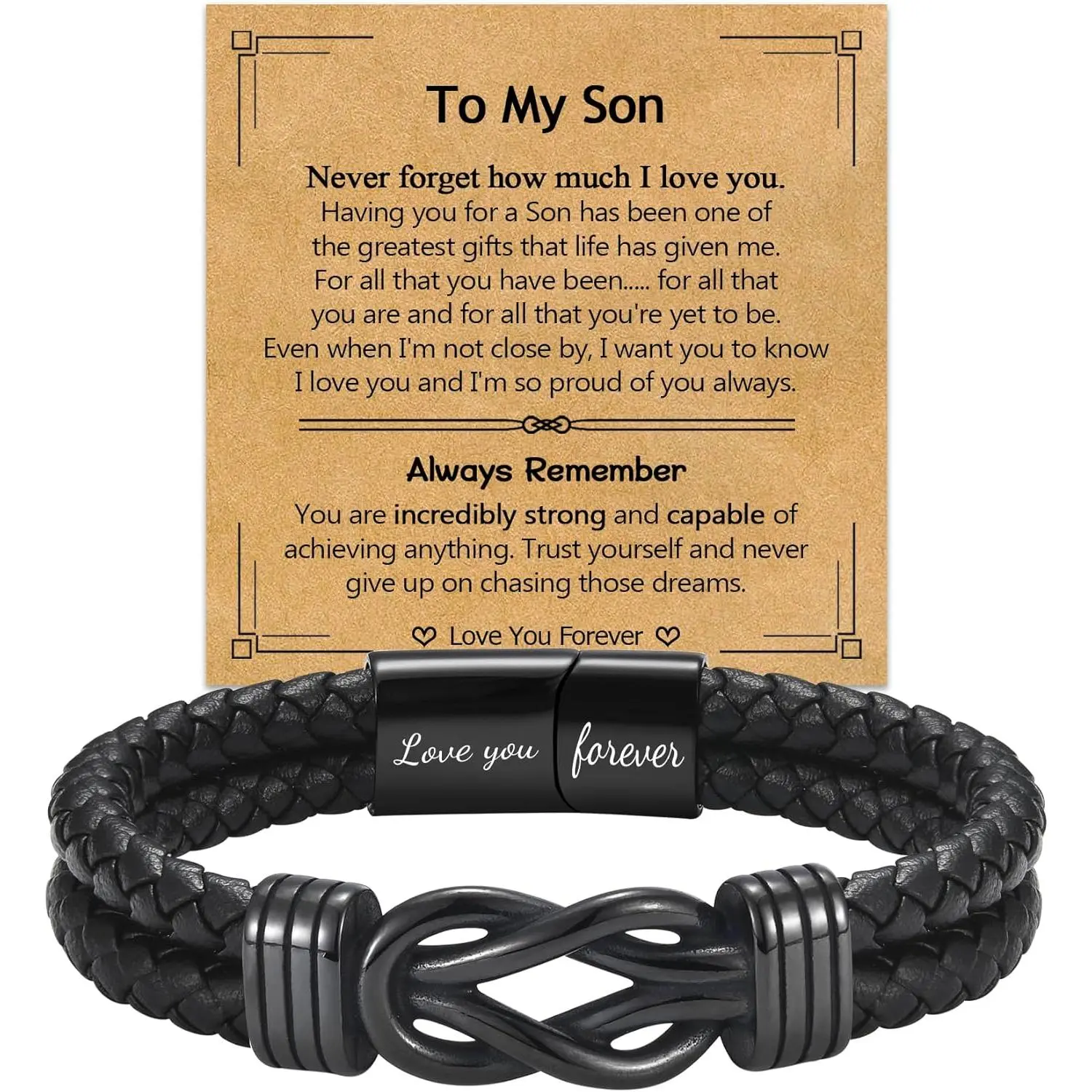 Gifts for Men Boys- Black Braided Leather Infinity Knot Bracelets for Son Grandson Nephew  Dad Husband,  Gifts for Christmas Birthday Graduation Anniversary Valentine's Day