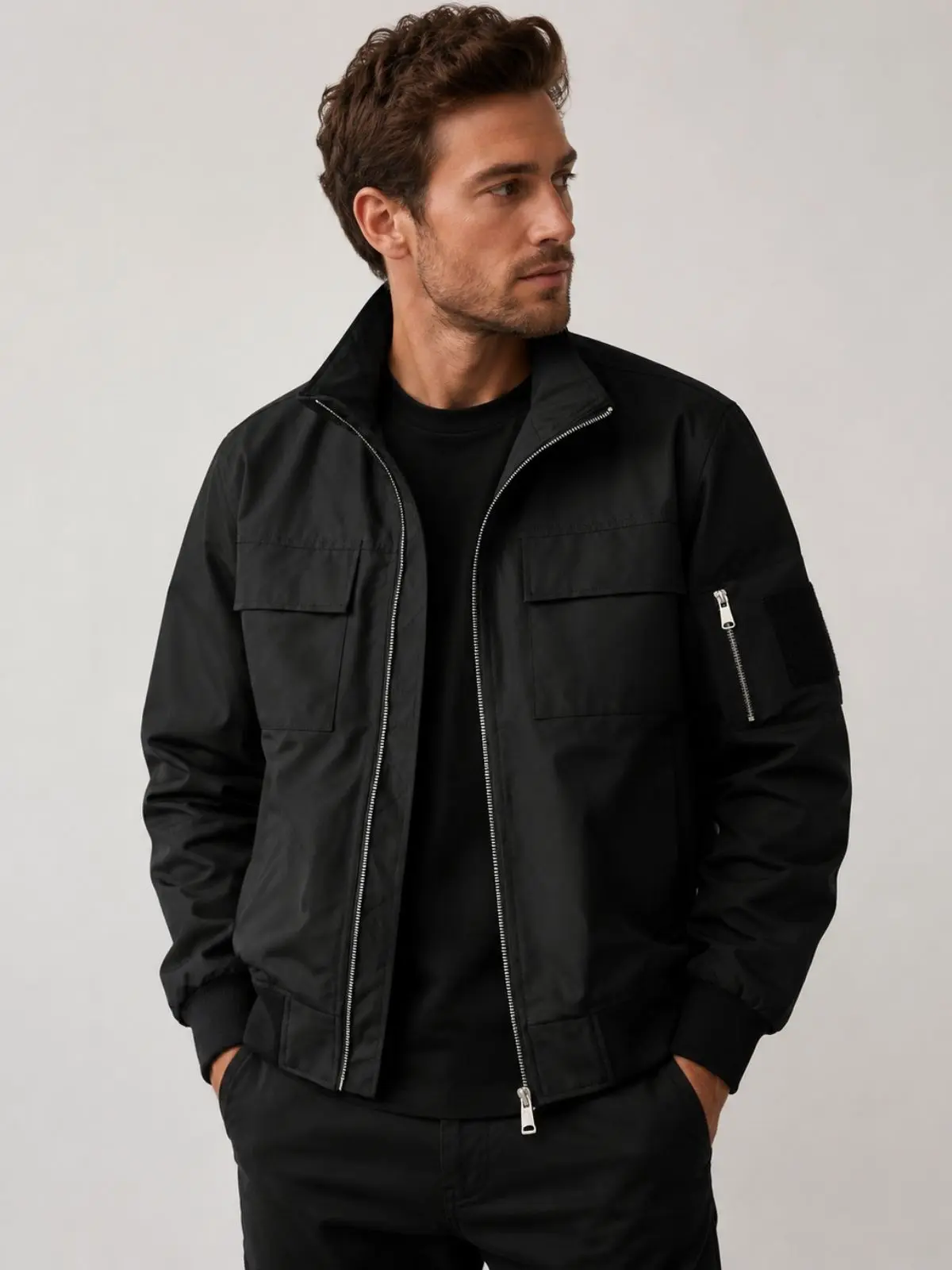 Men’s multi-pocket cargo aviator jacket, stand collar functional baseball jacket