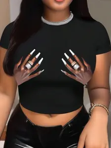 Women's Hands Print Round Neck Crop Slim-Fit Jersey Tee, Streetwear Casual Short Sleeve Crew Neck T-shirt for Daily Wear, T Shirts for Women, Ladies Clothes for All Seasons, Tshirt