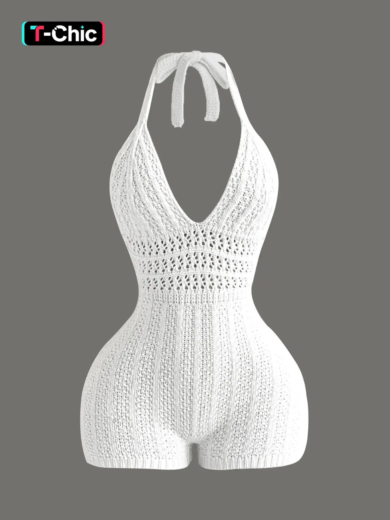 Women's Knitted Halter Sleeveless One-Piece Jumpsuit, Plain Hollow-Out Backless Tie-Accent Jumpsuit, Casual Fashion Spring and Summer Wear, Halter Sleeveless Romper, Backless Cami Jumpsuit