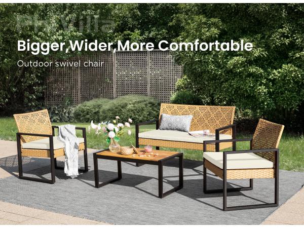 Phivilla Home 4-Piece Outdoor Wicker Patio Furniture Set, Cushioned Rattan Loveseat & Chairs, with Acacia Wood Coffee Table, Elegant All-Weather Seating for Garden, Backyard & Poolside, SpringGlowUp