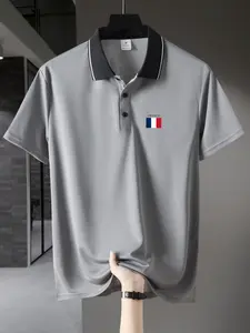Men's Summer Casual Fashion France Flag Print Short Sleeve Polo Shirt, Breathable Quick-Dry Birdseye Fabric, Simple Commuter Top
