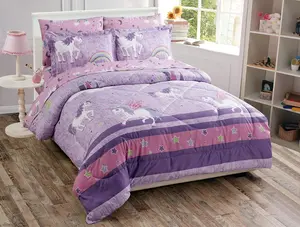Fancy Linen  Comforter and Sheet Set Unicorn Castle Rainbow Lavender Pink Purple Multi-Color for Girls Teens New