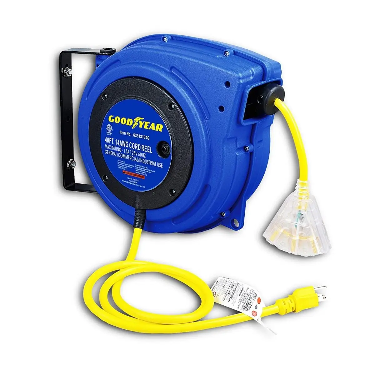 DIY Retractable Extension Cord Reel - OSHA & CNAS Certified Polypropylene, Commercial Use, 3 Outlets, 3-Prong NEMA 5-15R/NEMA 5-15P Plug, 14 AWG x 40 Ft, 13A 125VAC, 2 Non-Snag Rollers, -58°F to 221°F, 12.35 Lbs, Blue Cable for Home Improvement