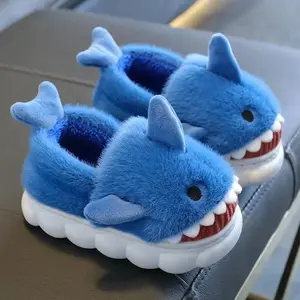 Cartoon Shark Cotton Slippers For Boys Indoor Home Use Soft Bottom Fleece-lined Warm Large Children Anti-slip Winter Slippers