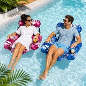 Summer Essential Inflatable Pool  Chair with Headrest & Cup Holder, Portable Water Lounge with Tropical Leaf Pattern, Soft Fabric Cover Non-Sticky, Lightweight Floating Lounger for Pool Beach Lake Adults float