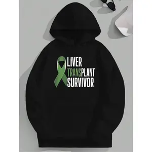 Women's Liver Transplant Survivor Hoodie - Black with Green Ribbon Graphic, Loose Fit Hooded Long Sleeve for Post-Surgery Support, Liver Disease Awareness Apparel, Supportive Clothing, Bold Print Design, Comfortable Winter Wear