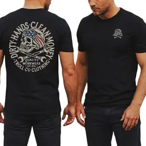 Troll Co Dirty Hands Clean Money Skull Bandana Graphic T Shirt 2 Sides, American Flag Headwrap Skeleton Workwear Tee, Blue Collar Pride Streetwear Shirt, Soft Cotton Durable Daily Wear, Gift for Workers