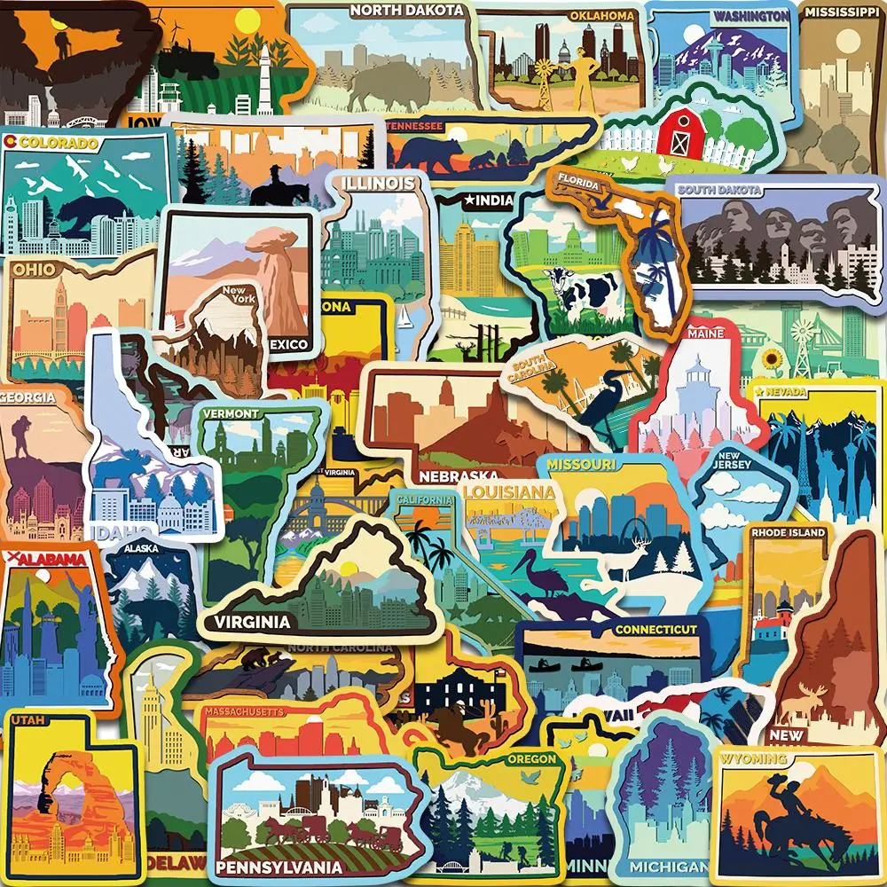 United States State Themed Sticker, 50pcs/set Creative Multi-purpose Sticker, Decorative Sticker for Water Bottle, Laptop, Cellphone, Phone Case, Scrapbooking