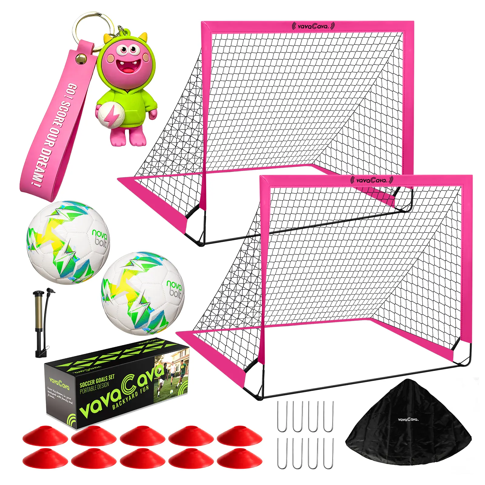 VavaCava 4'x3' Size Portable Pink Soccer Goals Set for BackyardFun, 2 Nets, 2 Size 3 Balls, 10 Marker Cones, Pump CarryBag and Cute Keychain, Outdoor Games for Backyard,Beach, Lawn, Soccer Training Equipment
