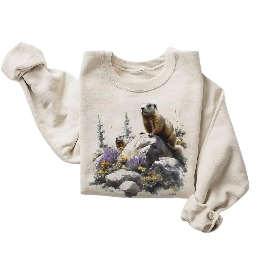 Women's 90s Vintage Cotton Long Sleeve Round Neck Hoodie - Roaming Marmots Nature Print, Casual Unisex Boho Crewneck Sweatshirt