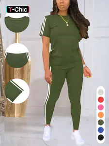 Women's Tee & Pants Set, Casual Fitted Round Neck Short Sleeve T-Shirt & Trousers, Ladies Two-Piece Outfits for All Seasons, Womenswear