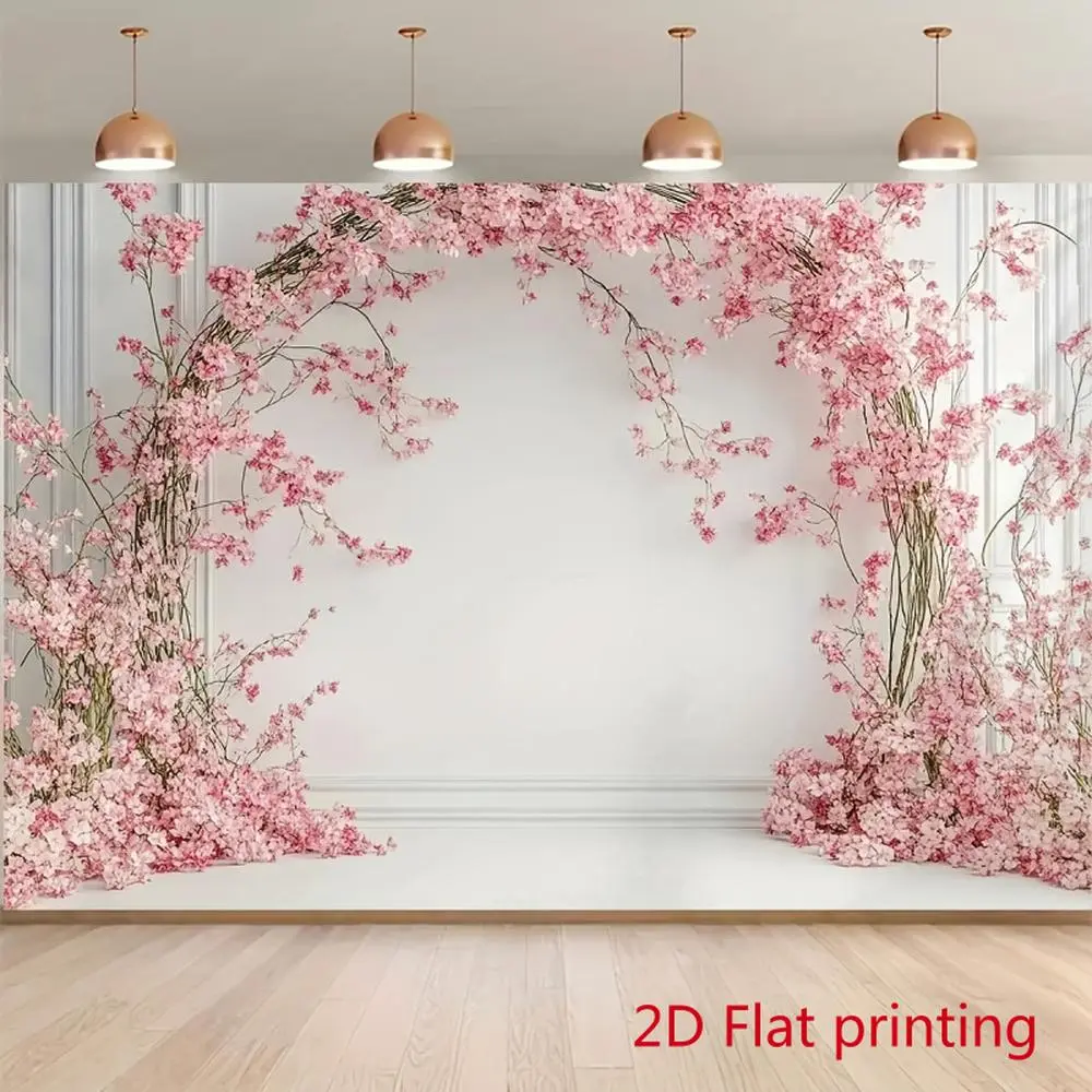 1PC Polyester Reusable 2D Flat Pink Cherry Arch Door Banner, Firework-Themed Festival Decoration Curtain, Indoor Backdrop & Photo Booth Prop for Birthday Party & Wedding, One-Piece