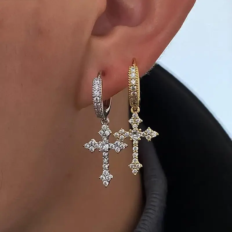 Hypoallergenic Cross Dangle Earrings for Women - Men's Earrings with Sparkling Gemstone Charm, Spiritual Jewelry for Party & Daily Wear, Ideal for Mother's Day & Anniversary Gifting, Cross Earrings, Sparkling Moissanite Cross
