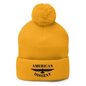 Pom‑Pom Knit Cap – “American Dissent” Embroidered | Winter Statement Beanie | Patriotic Activist Cold‑Weather Hat