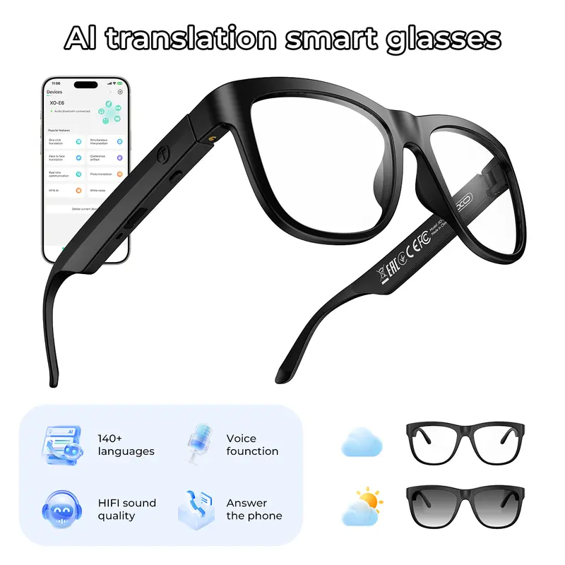 Multifunctional Wireless Translation Smart Glasses - Wearable Devices, Unisex Adult Bluetooth Outdoor Glasses, App-Enabled Real-Time Translation, HD Remote Calls, Hi-Fi Music, Built-In Mic & Speakers, Voice Assistant Compatible, Hands-Free for Travel