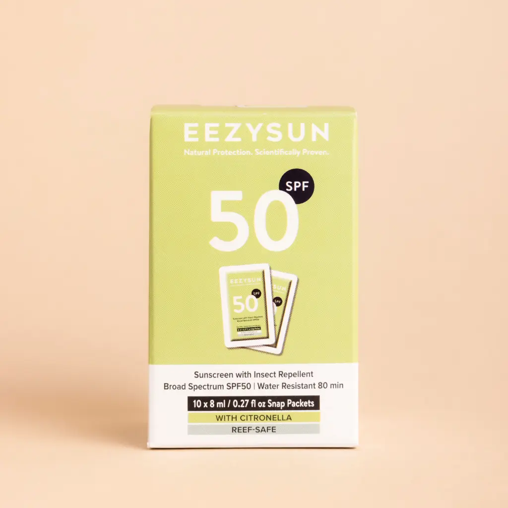 SPF 50 Sunscreen and Insect Repellent Snap Packets - Sunscreen Bug Repellent with Citronella Oil, Lemongrass - 10 Snap Packets (0.27 fl oz each) Mosquito Repeller Compact