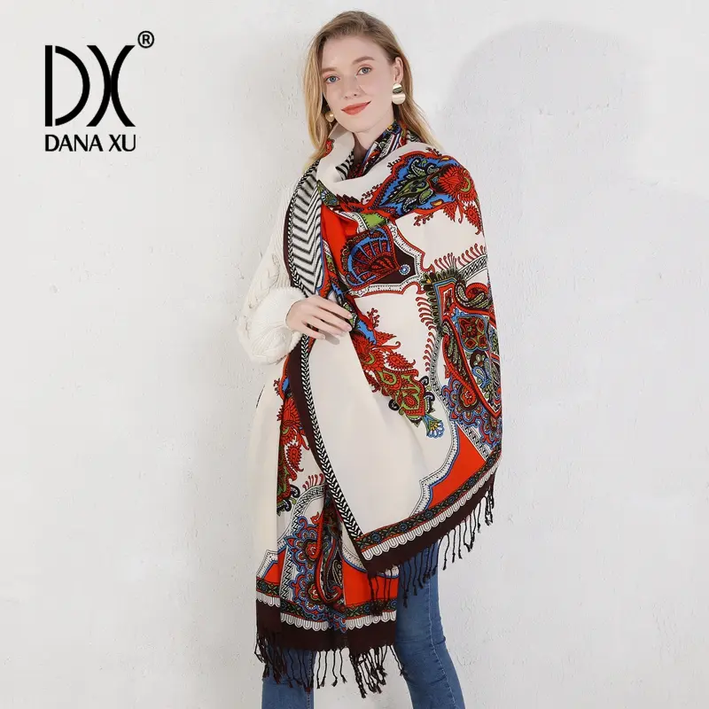 DANA XU 100% Merino Wool Extra Large Pashmina Blanket Travel chunky Scarf Cashmere Wrap for Women Fall Winter Oversize Shawl Floral Wedding Designs