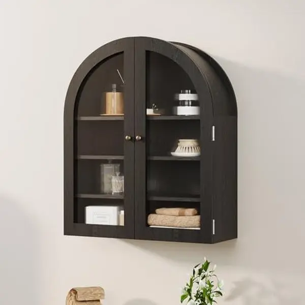 GARVEE Small Arched Wall Cabinet with Acrylic Doors & Adjustable Shelves,Modern Black Wood Wall-Mounted Storage Cabinet for Kitchen,Bathroom,Laundry Room,Compact & Space-Saving- Black