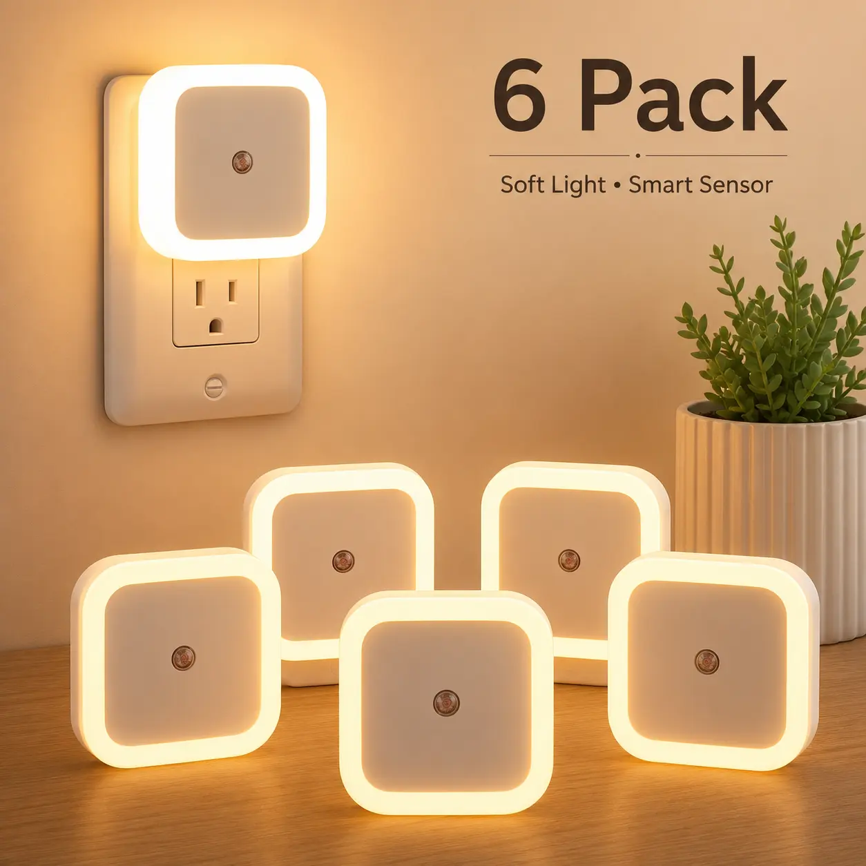 6 Pack LED Night Lights with Dusk-to-Dawn Sensor – Warm White Plug-In Lights for Kids’ Room, Bedroom, Bathroom, Nursery, Stairs & Hallway