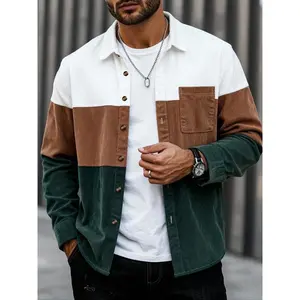 Men's Casual Jacket Coats Three-Color Patchwork Design, Vintage Long Sleeve Shirt with Pockets, Spring & Fall Thin Layered Outerwear