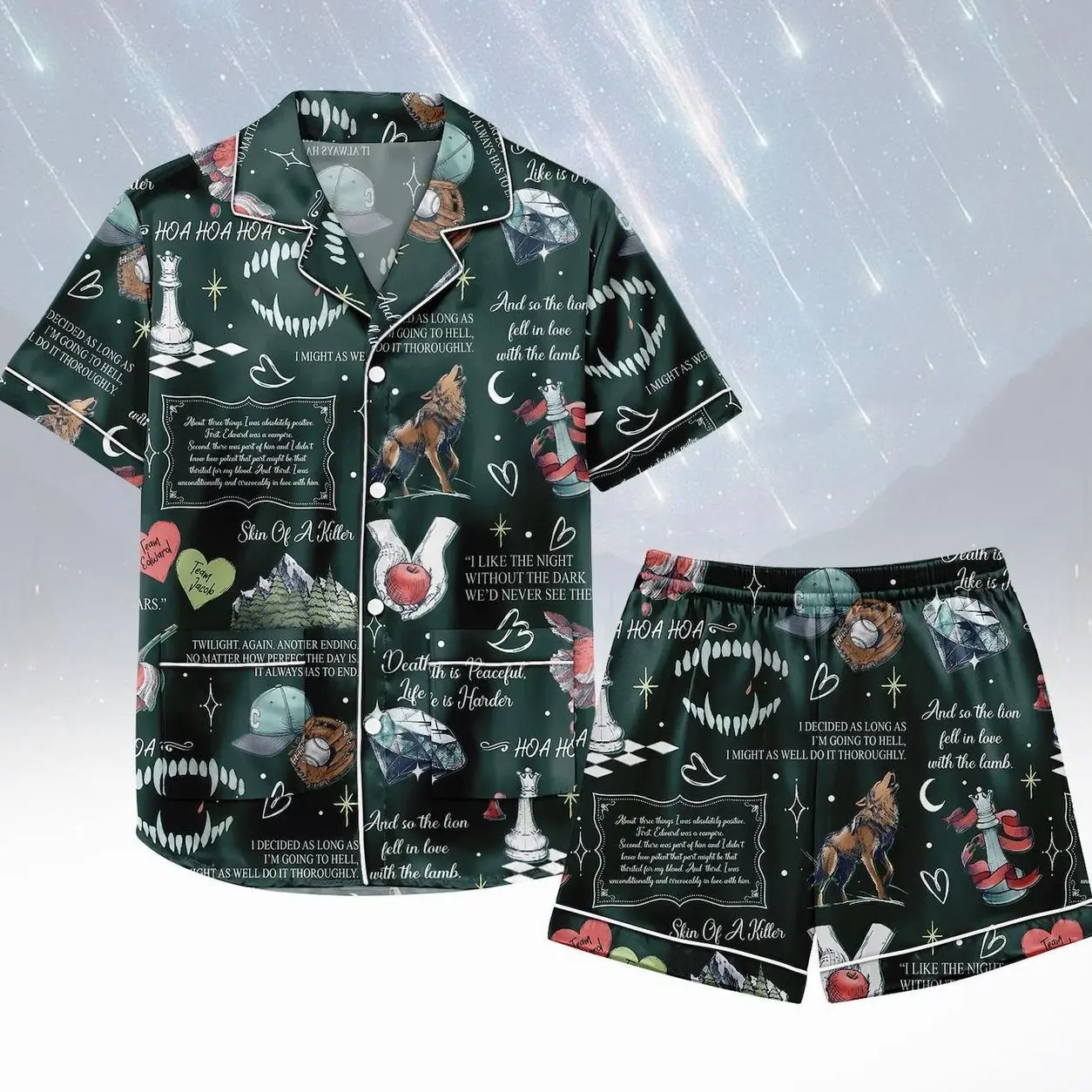 Vampire Short Satin PJs Set, Twilight Satin Pajamas, Dark Night Short Pajama Set, Women Pyjama, Gift for Her