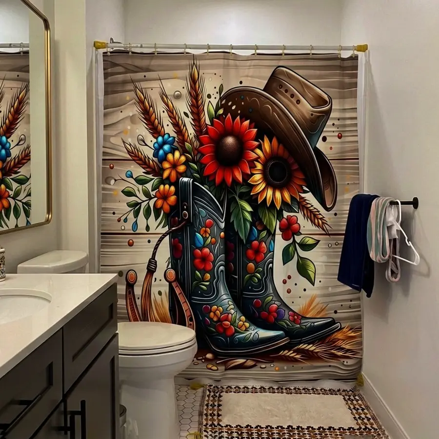 Cowboy and Sunflower Pattern Bathroom Decor Set, Aesthetic Bathroom Decor, 4-Piece Set, including shower curtain, toilet seat cover, bath mat, and U-shaped mat, bathroom accessories, Bathroom Decoration Accessories