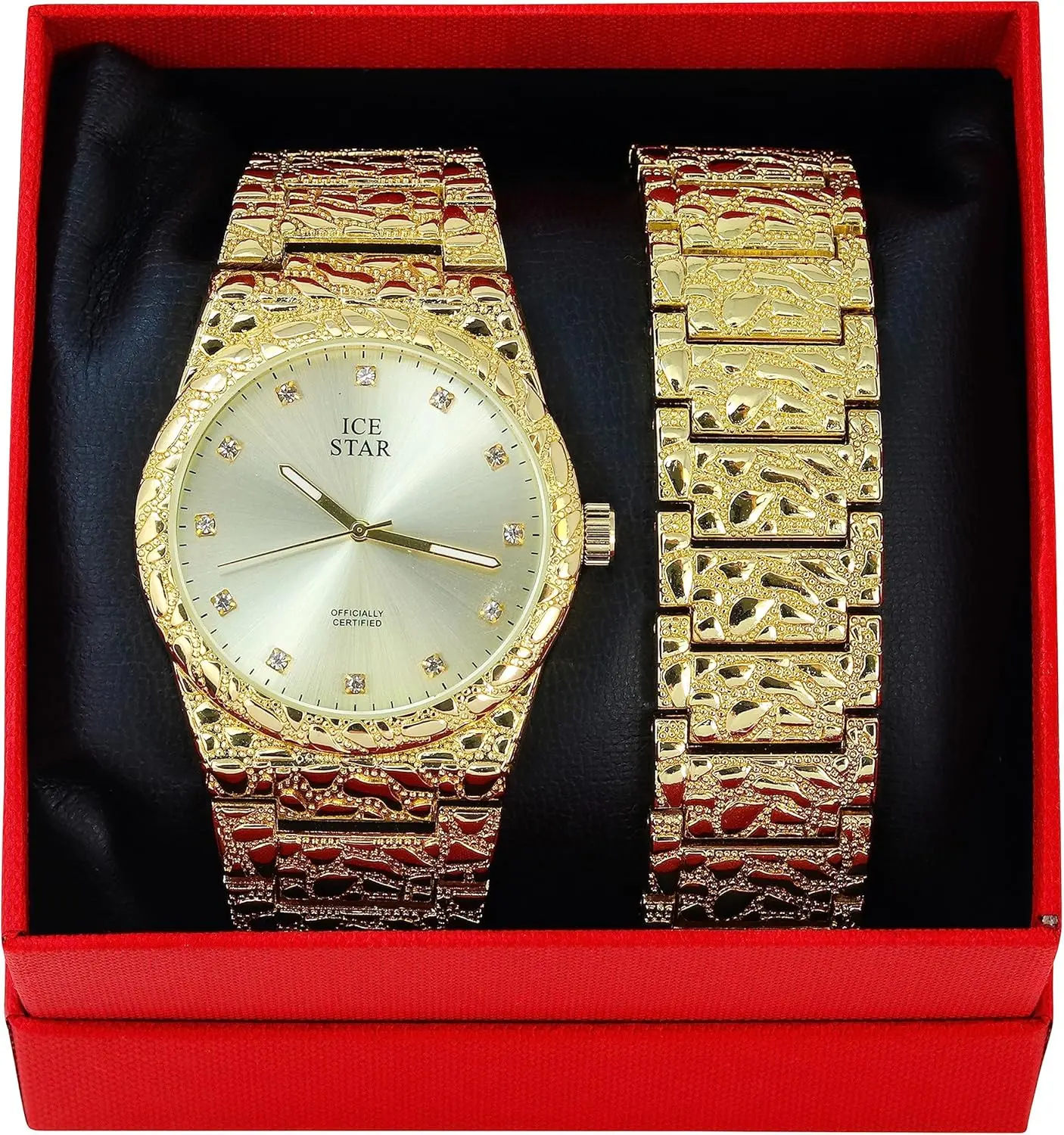 MaxBling81 Men's Gold Plated Hip-Hop Iced Nugget Bling Analog Wristwatch - Luxury Iced All-Metal Water-Resistant Quartz Watch, Unisex Fit, Round Dial, Removable Link Bracelet, Fashion Accessory Gift, Gold Plated Watch, Iced Quartz Watches
