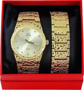 MaxBling81 Men's Gold Plated Hip-Hop Iced Nugget Bling Analog Wristwatch - Luxury Iced All-Metal Water-Resistant Quartz Watch, Unisex Fit, Round Dial, Removable Link Bracelet, Fashion Accessory Gift, Gold Plated Watch, Iced Quartz Watches