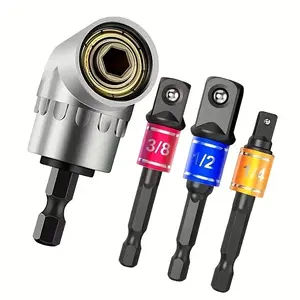 4pcs ratchet socket adapter set, power tool set, impact drill accessories, Right angle drill attachment, 1/4 inch/3/8 inch/1/2 inch hex shank drill bits, including 105-degree right angle bits and extended screwdriver/drill bit accessories