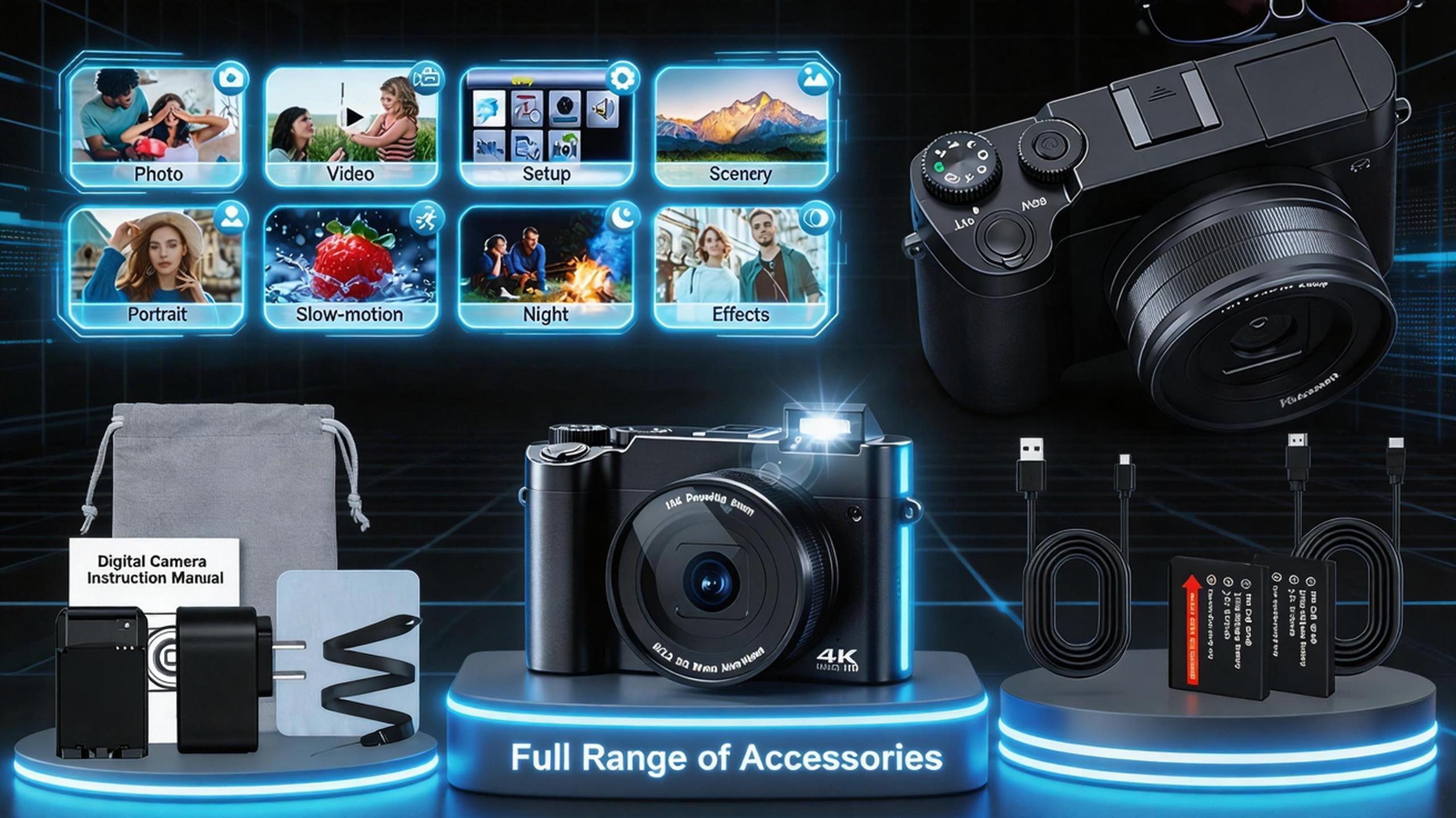 CAMKORY 4K Digital Camera for Vlogging, 64MP Front and Rear Dual Lens, Autofocus Anti-Shake, 3" Tiltable Selfie Screen, Pop-Up Flash, 16X Zoom, with Charging Cradle & 2 Batteries