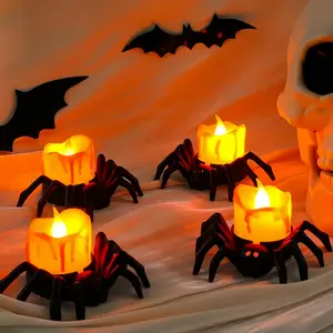12 PCS Halloween Tea Lights Candles, Battery Operated Halloween's Flameless LED Candles, Spider Tealights Spooky Electric Flickering Fake Candle for Halloween Party Decorations