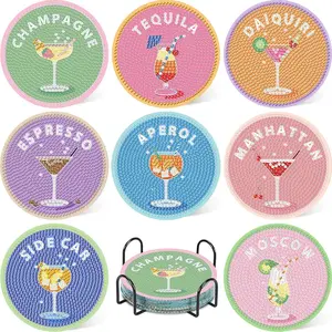Adult Cocktail Diamond Painting Round Coaster Set with Stand, 5D Gem Art DIY Handmade Diamond Point Drawing, Perfect Gift for Life