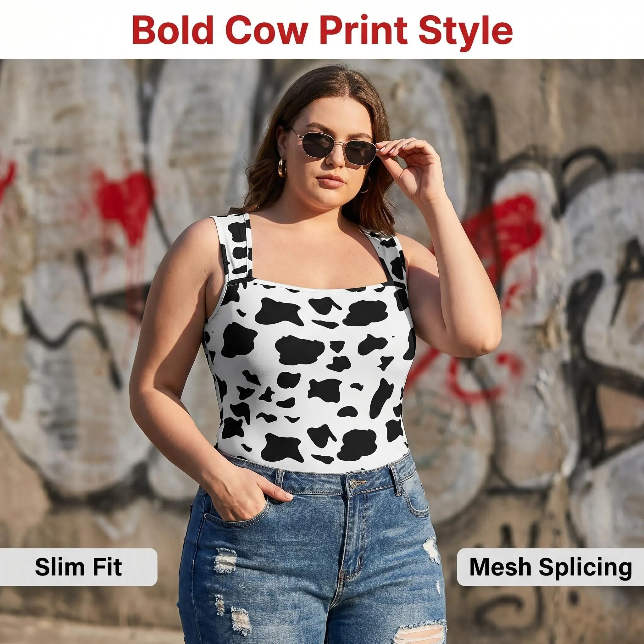 GBELLA Women’s Cow Print Bodysuit, Trendy Stylish Sexy Sleeveless Breathable Comfy Lightweight, Underwear Womenswear Tank Top, Perfect For Summer Outfits Beach Vacation Daily Wear Party Looks