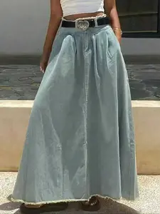 Women's High-Waisted A-Line Denim Skirt, Casual Loose Fit Plain Design, Perfect for Travel & Daily Wear, All-Season Fashion