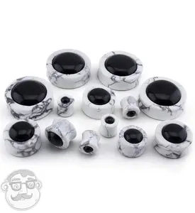 White Howlite Stone Plugs with Obsidian Stone Inlay