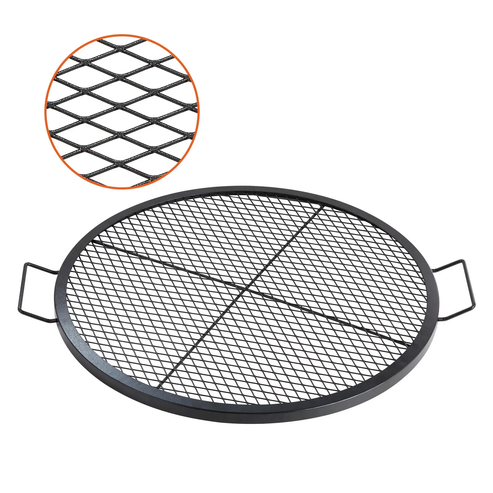 【Summerfinds】VEVOR 30-Inch Round X-Marks Barbecue Grill Grate, Heavy-Duty Steel Campfire Grid with Handle & Support X-Wire, 25-lb Portable Outdoor Cookware for Fishing, Climbing, Outdoors Parties