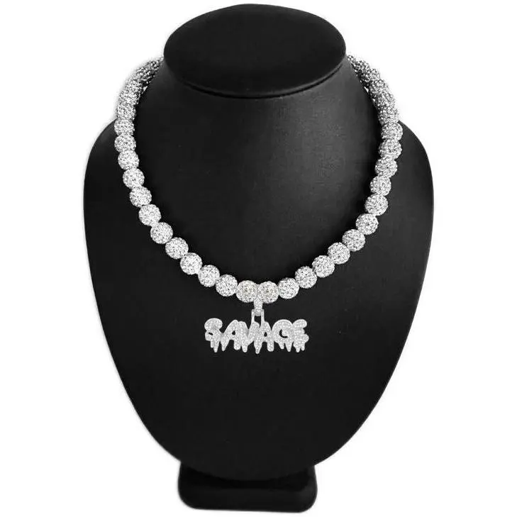 Iced Bling Disco Ball Rhinestone Crystal Bead Baseball Necklace White Silver Savage Unique Design Pendant
