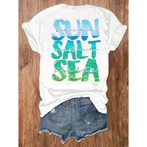 Soft Breathable White T-Shirt With Blue-Green Gradient Salt Sea Lettering - Round Neck Short Sleeve Casual Beachwear Suitable For Summer, Spring, Fall, Machine Washable Athleisure Top For Poolside And Casual Attire