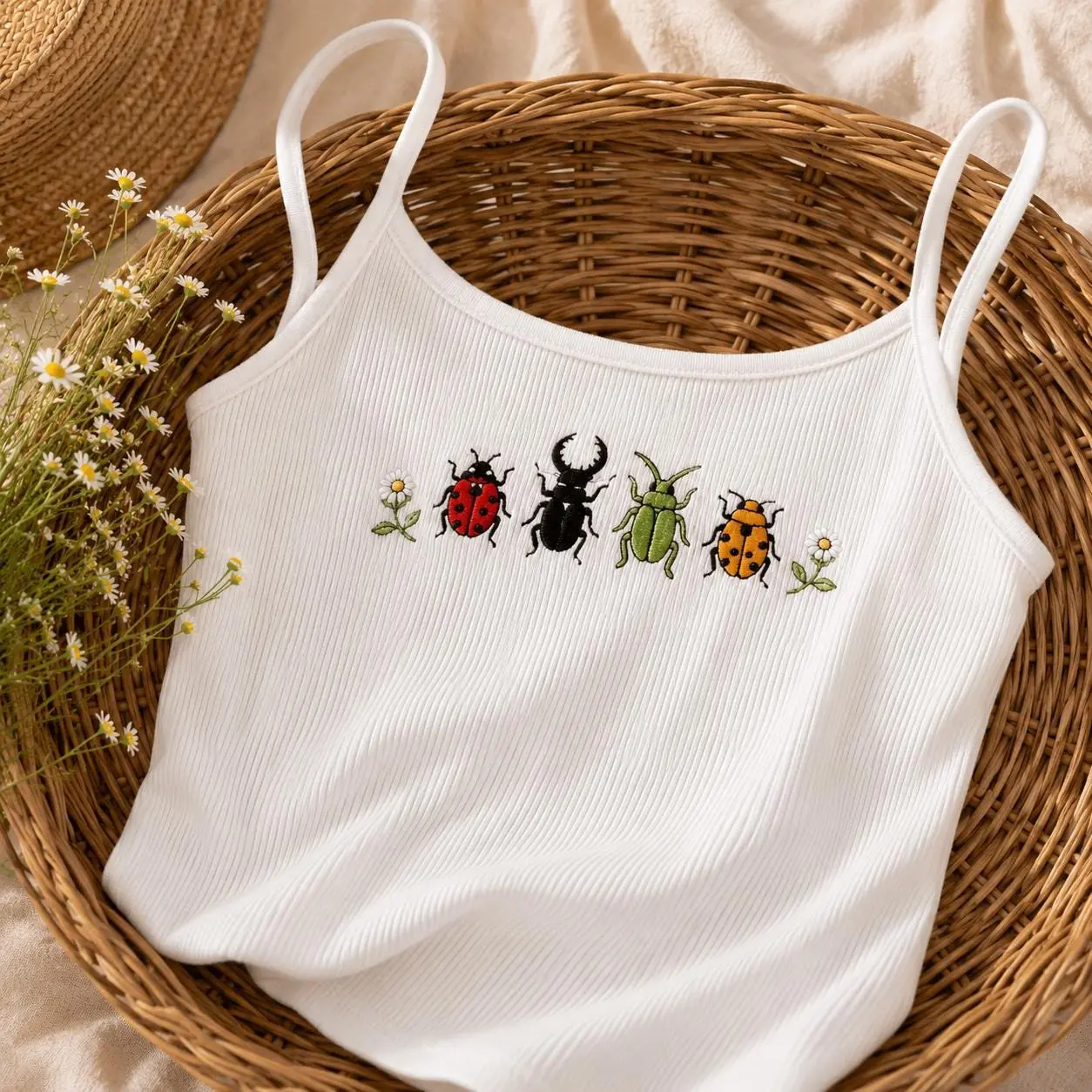 Embroidered Insect Tank Top, Cottagecore Bug Cami, Nature Inspired Womens Ribbed Shirt, Beetle Embroidery Camisole, Fairycore Summer Tee