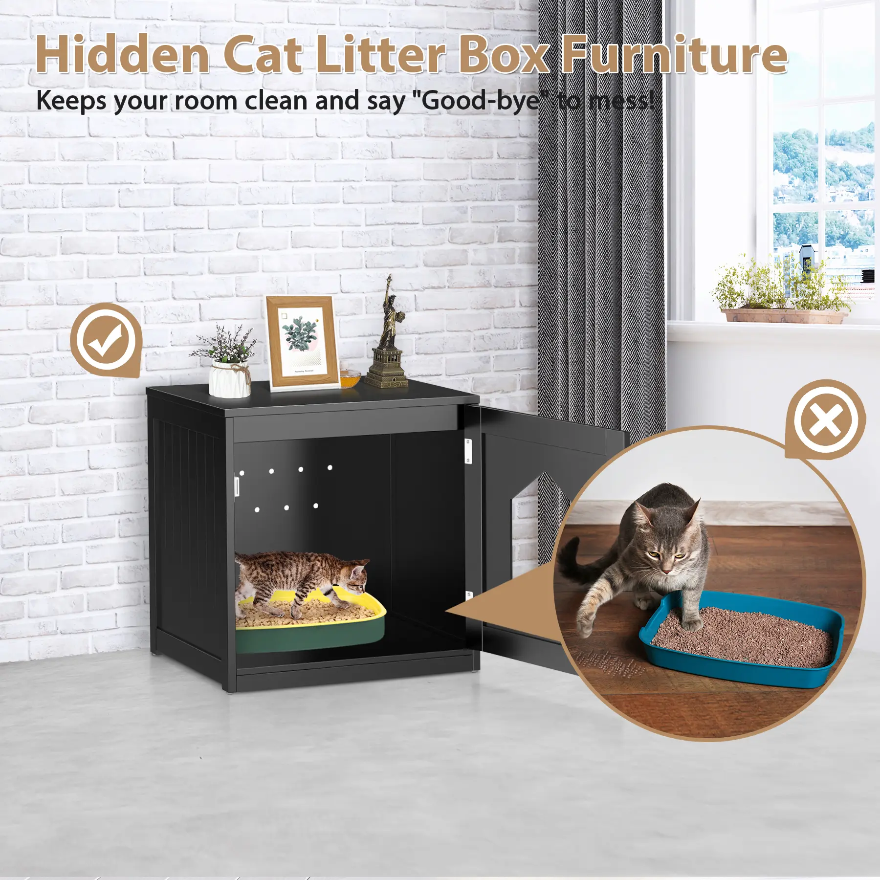 Zeny Hidden Black Cat Litter Box Enclosure - Dual-Use Iron & MDF Pet Furniture End Table with Cleaning, Ventilation, Organizing Functions, Home Decor, 18lbs Durability, Litter Tray, Scratch‑Resist Coat